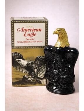 Avon 1970s American Eagle Windjammer Aftershave Black Decanter W/Box, 4x6.25”